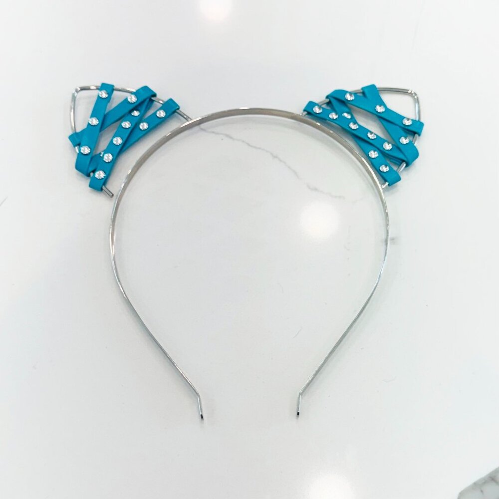 Blue Leather-Studded Cat Ears Headband